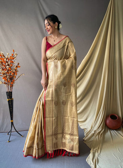 Cream Pure Cotton Linen Saree With Copper And Gold Zari - Mira Fashion