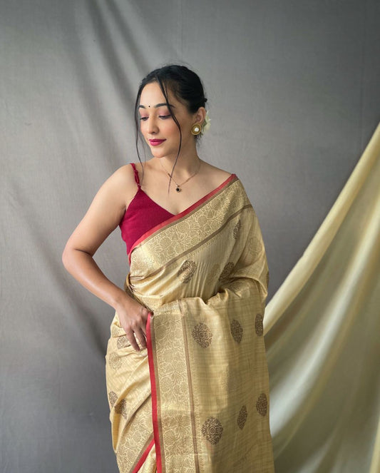 Cream Pure Cotton Linen Saree With Copper And Gold Zari - Mira Fashion