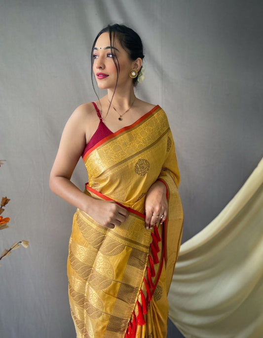 Yellow Pure Cotton Linen Saree With Copper And Gold Zari - Mira Fashion