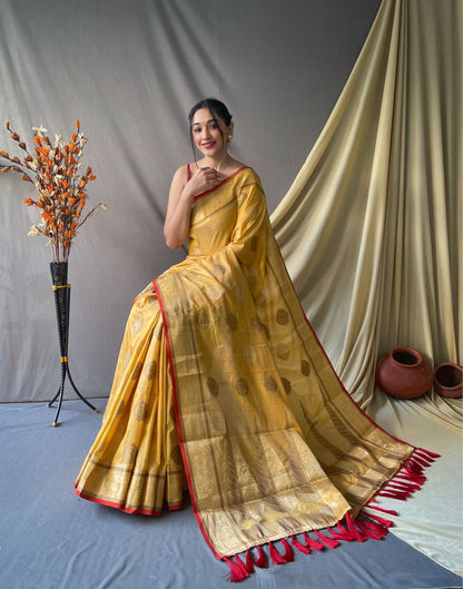Yellow Pure Cotton Linen Saree With Copper And Gold Zari - Mira Fashion