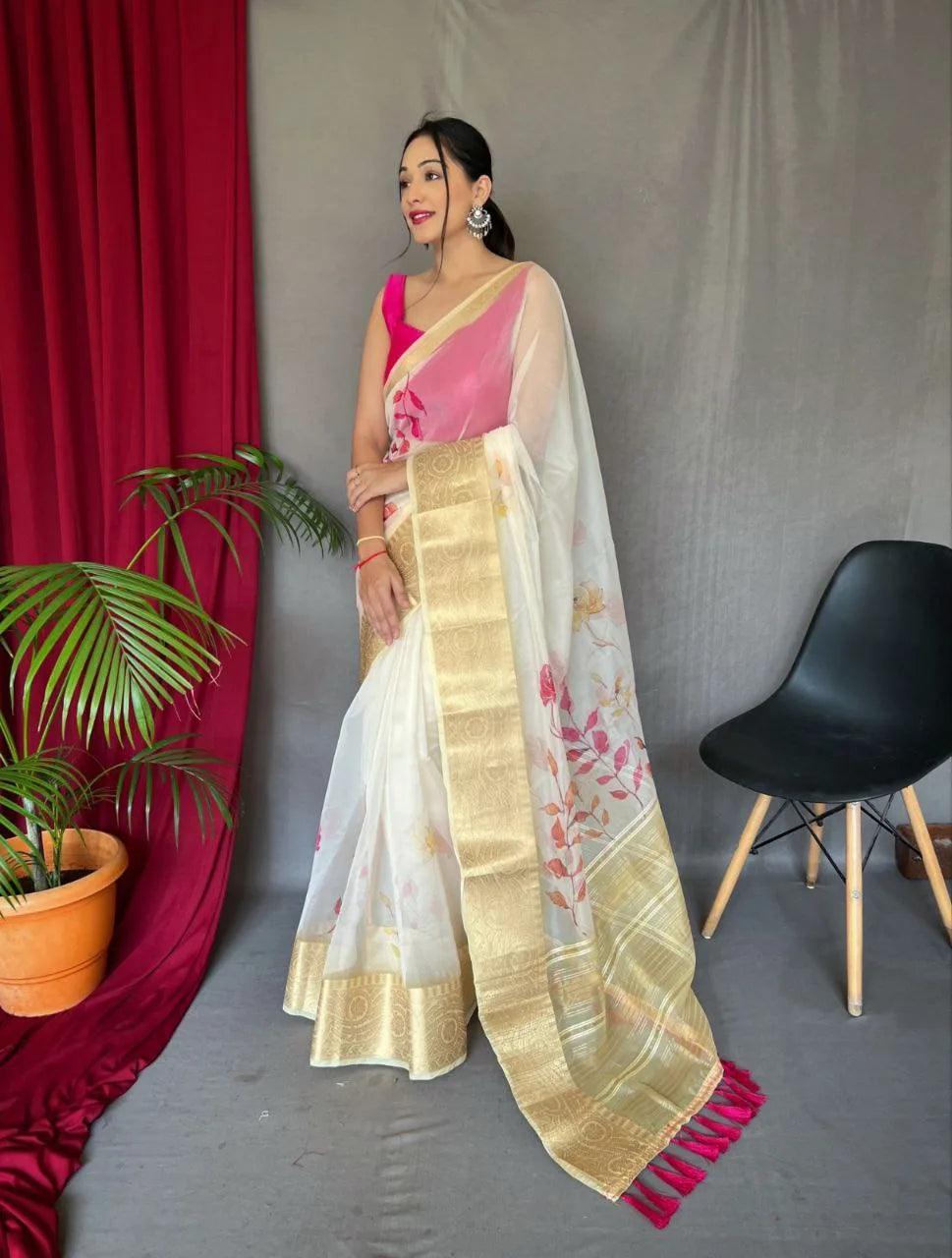 Anarkali Pure Organza Silk Saree With Gold Weaved Border - Mira Fashion