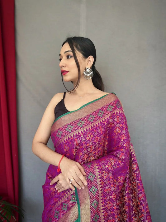 Rajkoti Patola Silk With Contrast Meenakari Saree - Mira Fashion