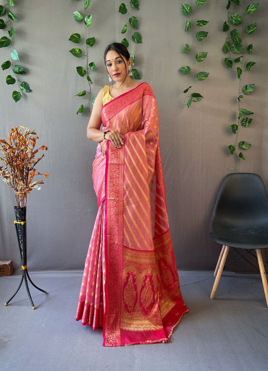 Organza Leheriya Saree With Jacquard border - Mira Fashion