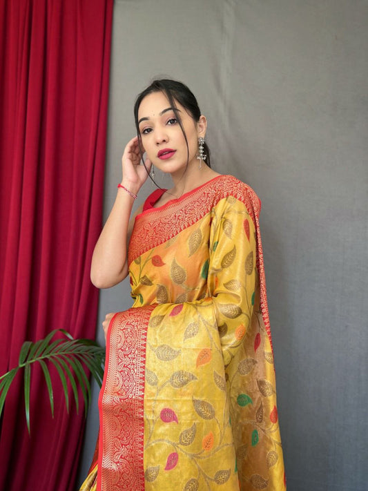 Kanjeevaram Tissue Silk Saree With Zari Weaving And Meena Work - Mira Fashion