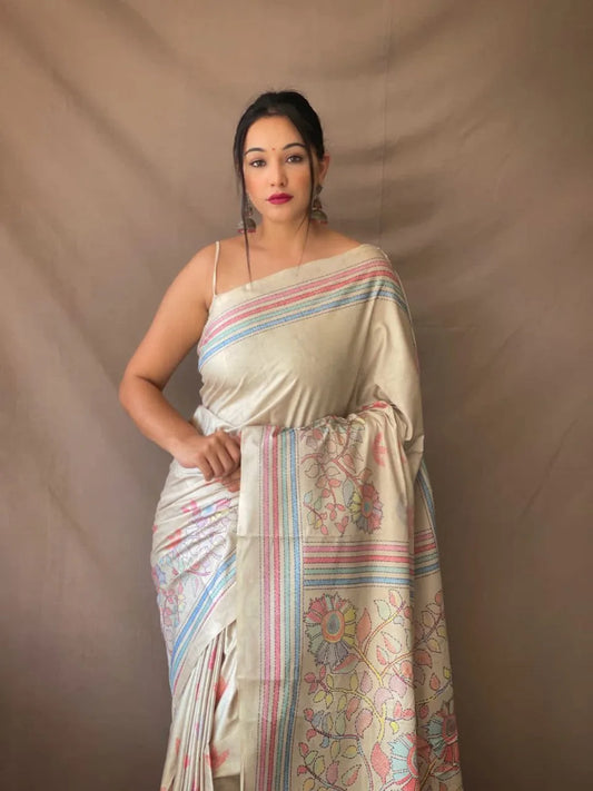 Kanjivaram Soft Silk Katha Printed Saree - Mira Fashion