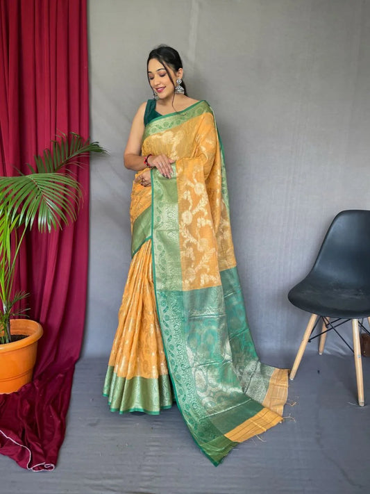 Rashi Orignal Linen Saree With Chap Border & Gold Pallu - Mira Fashion