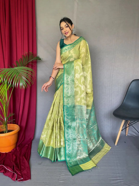 Rashi Orignal Linen Saree With Chap Border & Gold Pallu - Mira Fashion