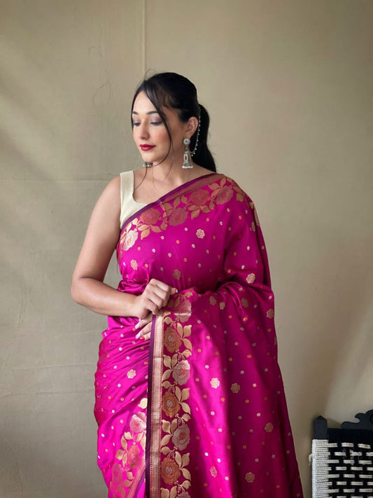 Pure Soft Silk Saree With Copper And Golden Zari Weaved Border And Rich Pallu
