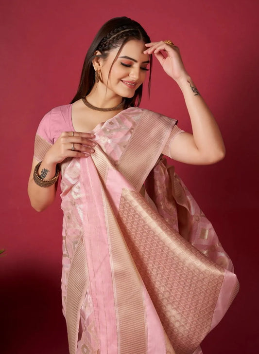 Light Pink Ikkat Weaving Linen Saree - Mira Fashion