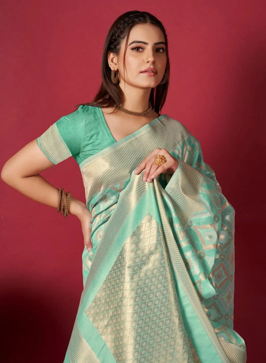 Green Ikkat Weaving Linen Saree - Mira Fashion