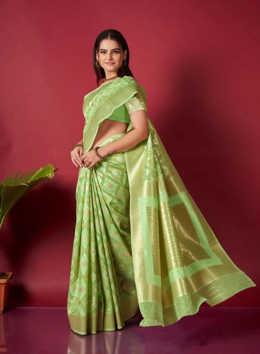Light Green Ikkat Weaving Linen Saree - Mira Fashion