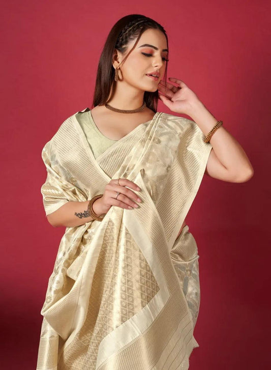 Cream Ikkat Weaving Linen Saree - Mira Fashion