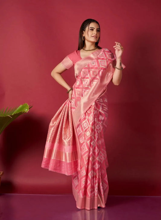 Pink Ikkat Weaving Linen Saree - Mira Fashion