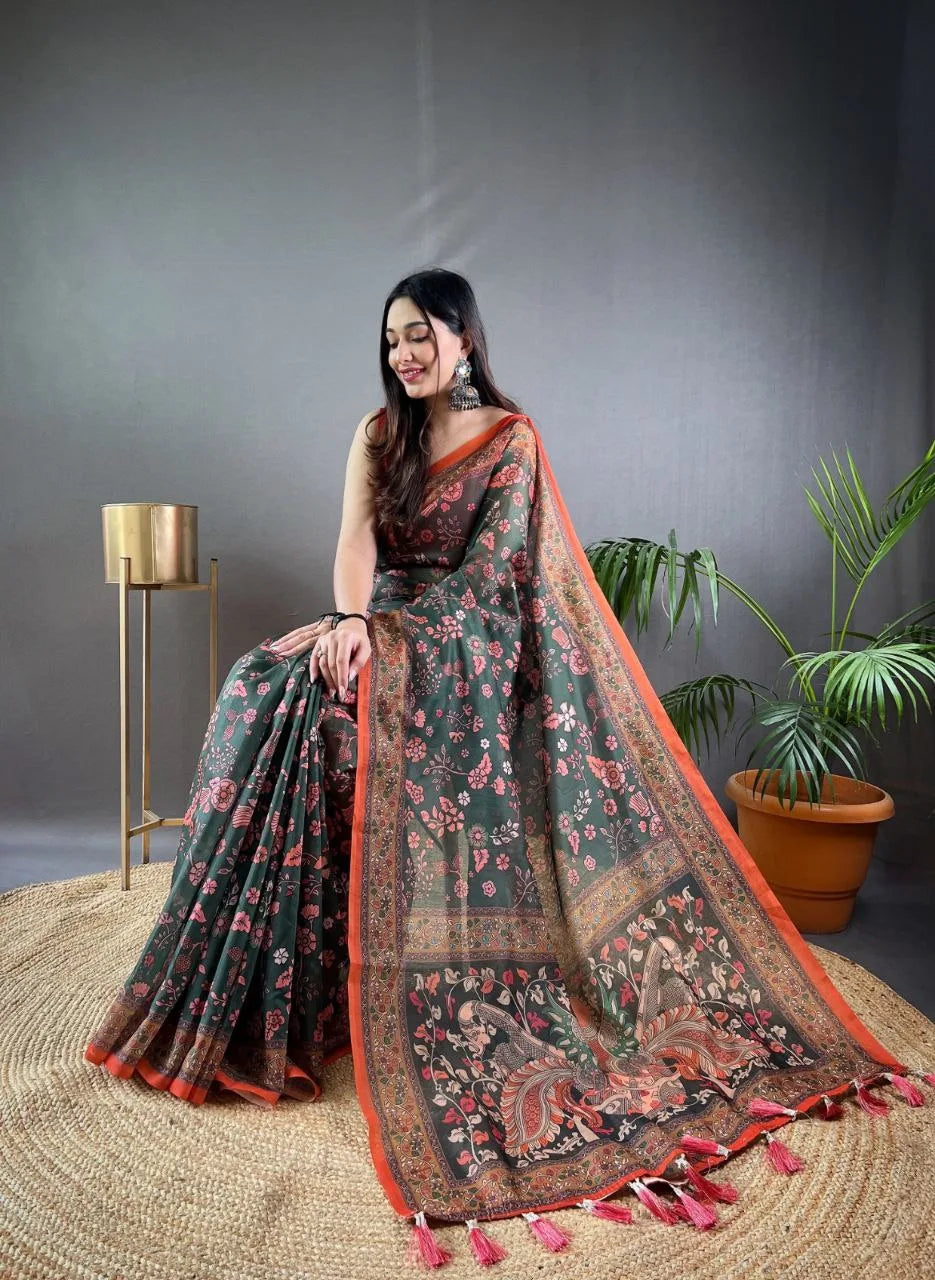 Kalamkari Printed Pure Malai Cotton Saree - Mira Fashion