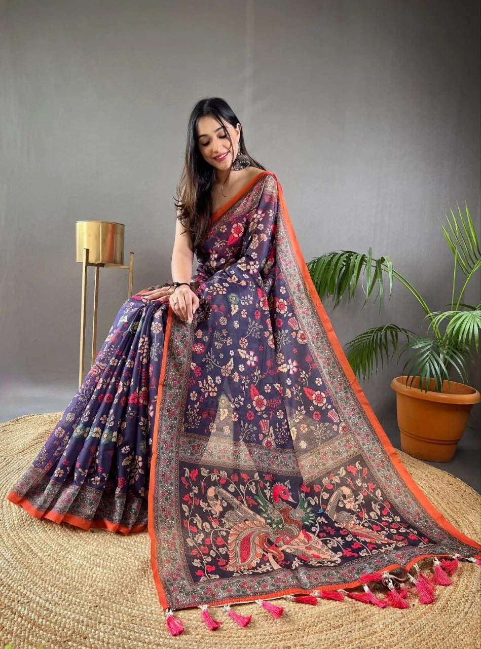 Kalamkari Printed Pure Malai Cotton Saree - Mira Fashion