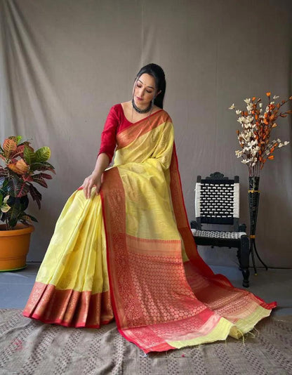 Akruti Linen Saree With Gold Weaved Motifs And Rich Pallu - Mira Fashion