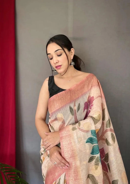 3D Digital Printed Saree With Floral Katha Stitch & Golden Zari Pallu