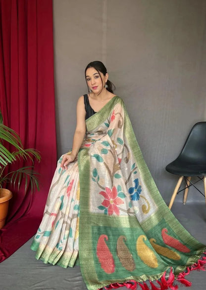 3D Digital Printed Saree With Floral Katha Stitch & Golden Zari Pallu - Mira Fashion