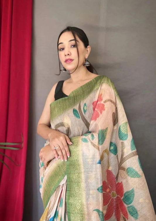 3D Digital Printed Saree With Floral Katha Stitch & Golden Zari Pallu