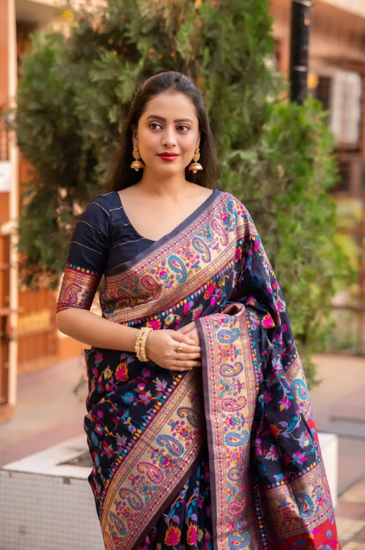 Meera Black Kashmiri Silk Saree - Mira Fashion