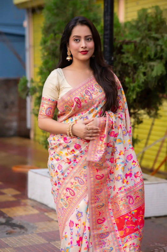 Meera Off-White Kashmiri Silk Saree - Mira Fashion
