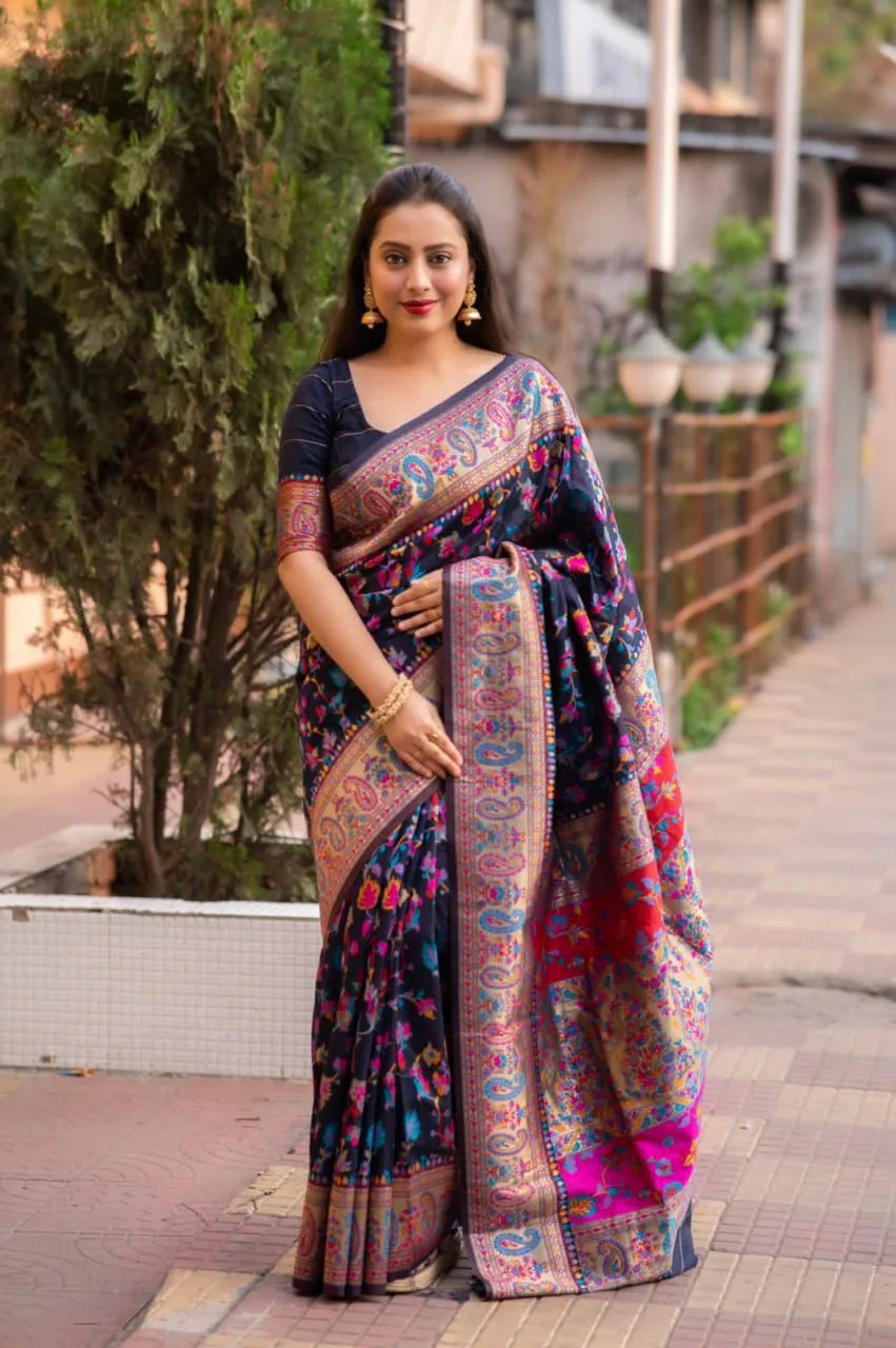Meera Black Kashmiri Silk Saree - Mira Fashion