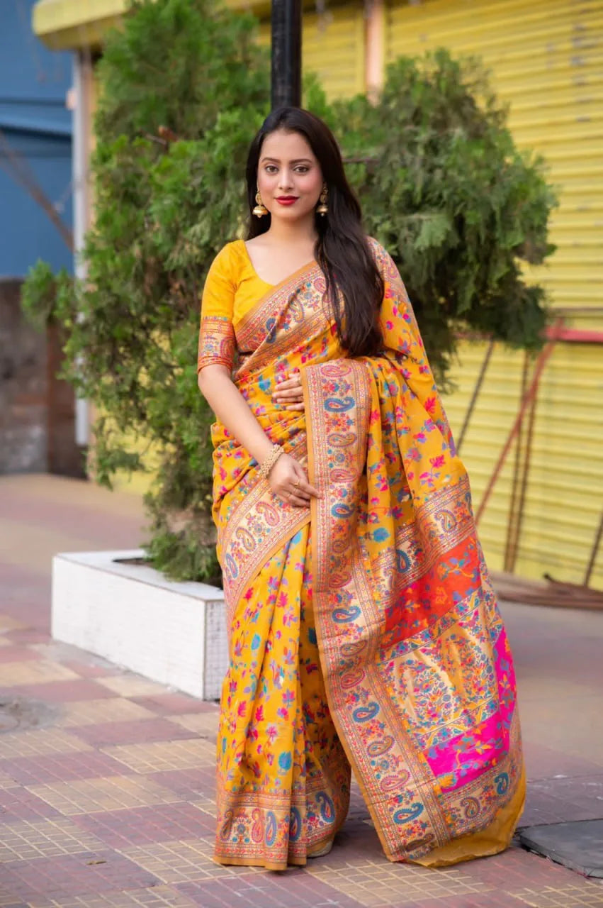 Meera Yellow Kashmiri Silk Saree - Mira Fashion