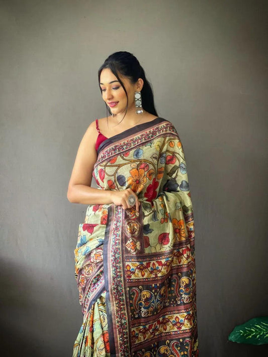 Beautiful Cotton Saree With Kalamkari Prints - Mira Fashion