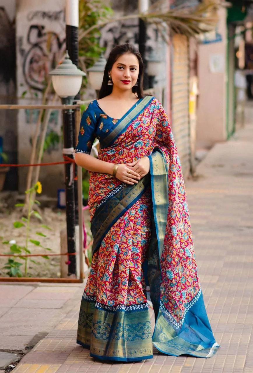 Ajrakh Style Printed Cotton Saree - Mira Fashion