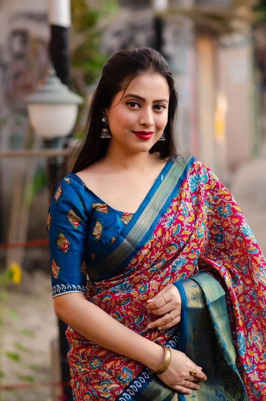 Ajrakh Style Printed Cotton Saree - Mira Fashion
