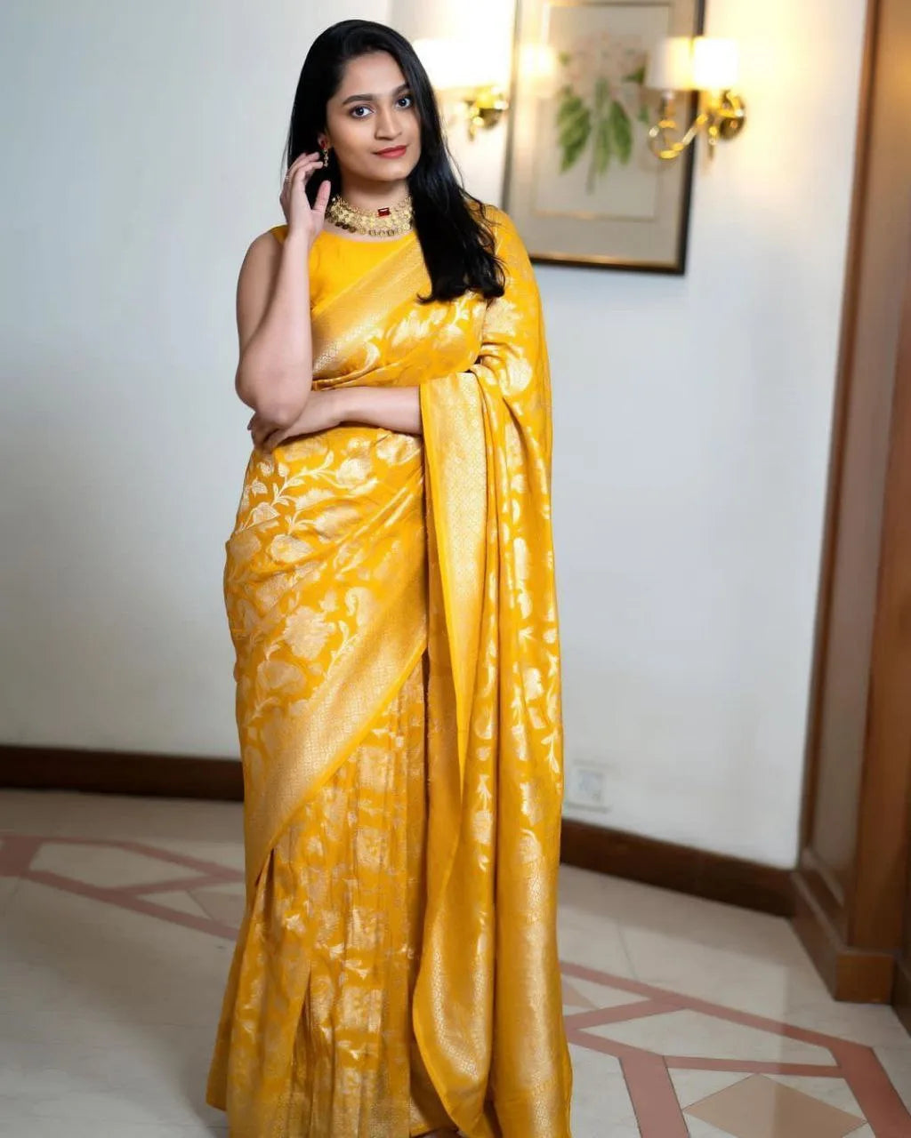 Yellow Organic Banarasi Saree - Mira Fashion