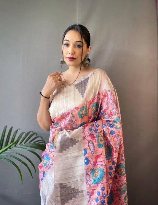 Urvi Tusser Saree With Kalamkari Prints - Mira Fashion