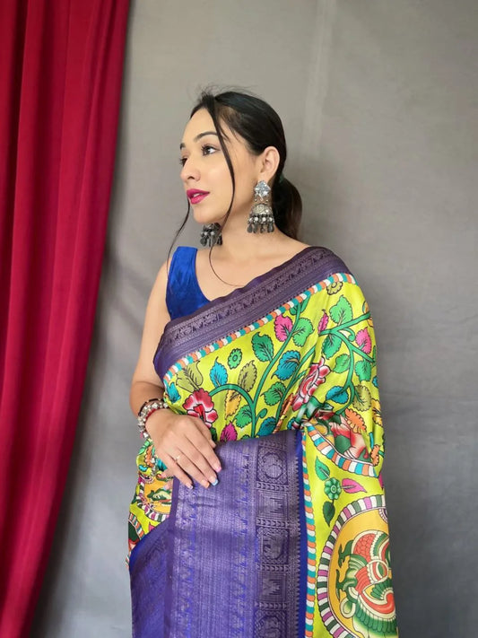 Pure Kanjivaram Digital Printed 3D Kalamkari Saree - Mira Fashion