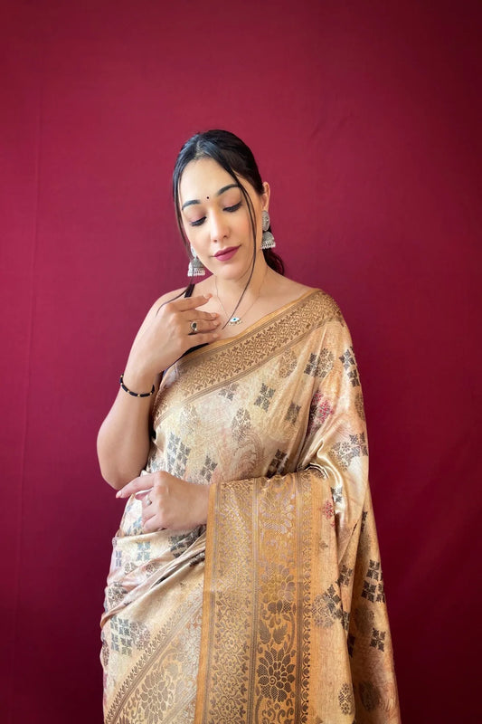 Floral Printed Zari woven Banarasi Silk Saree - Light Brown - Mira Fashion