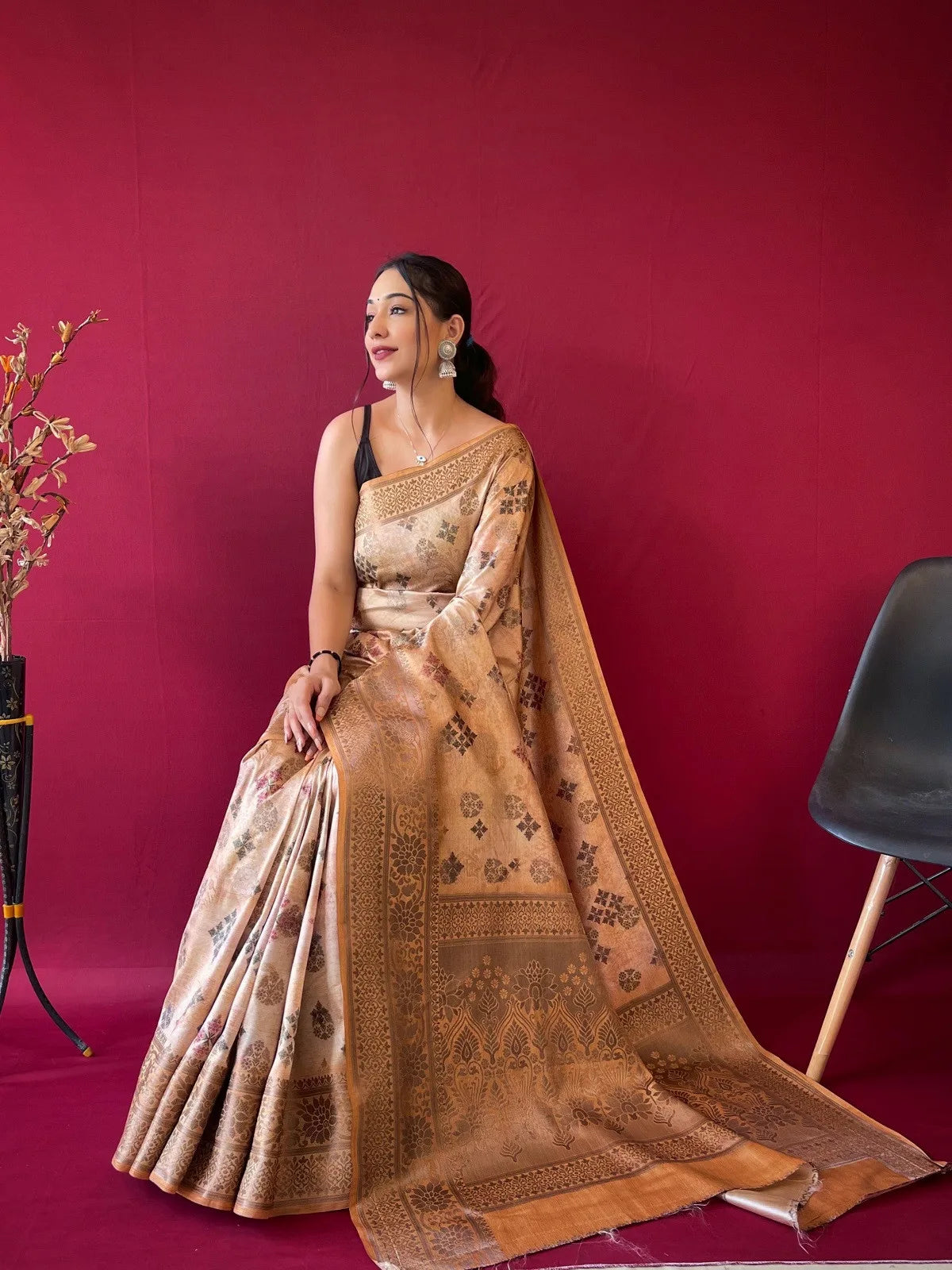 Floral Printed Zari woven Banarasi Silk Saree - Light Brown - Mira Fashion