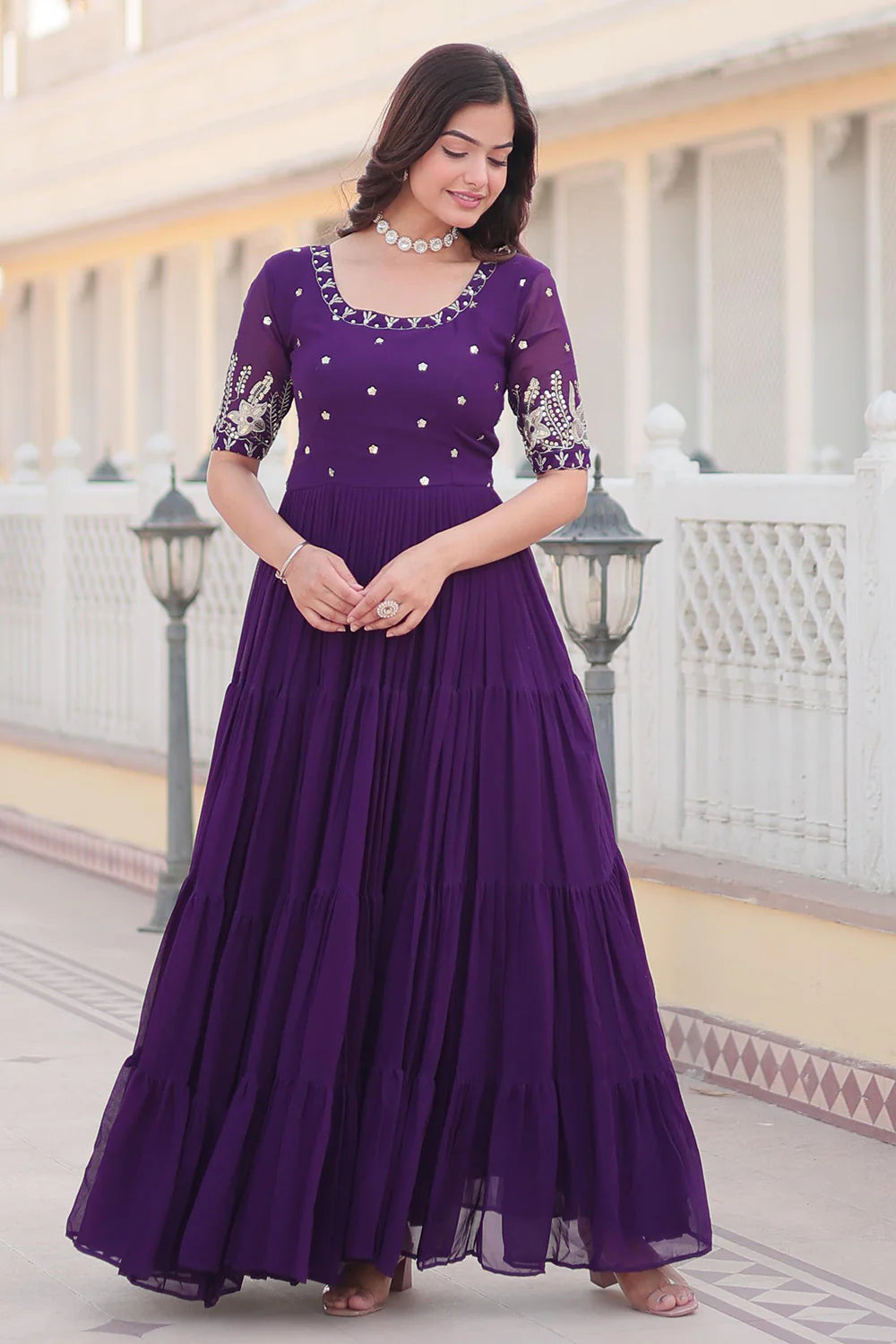Purple Color Premium Faux Blooming Embroidered Work Gown