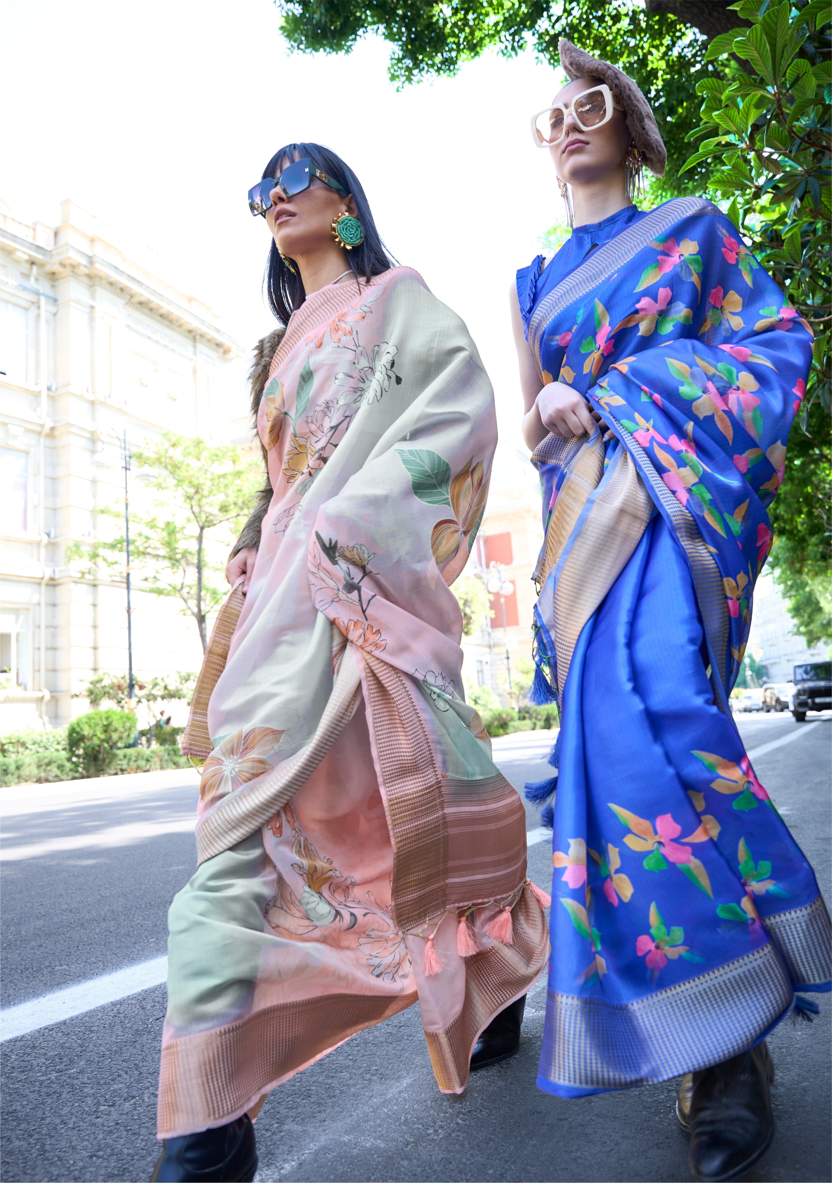 Havelock Blue Organza Printed Satin Silk Saree