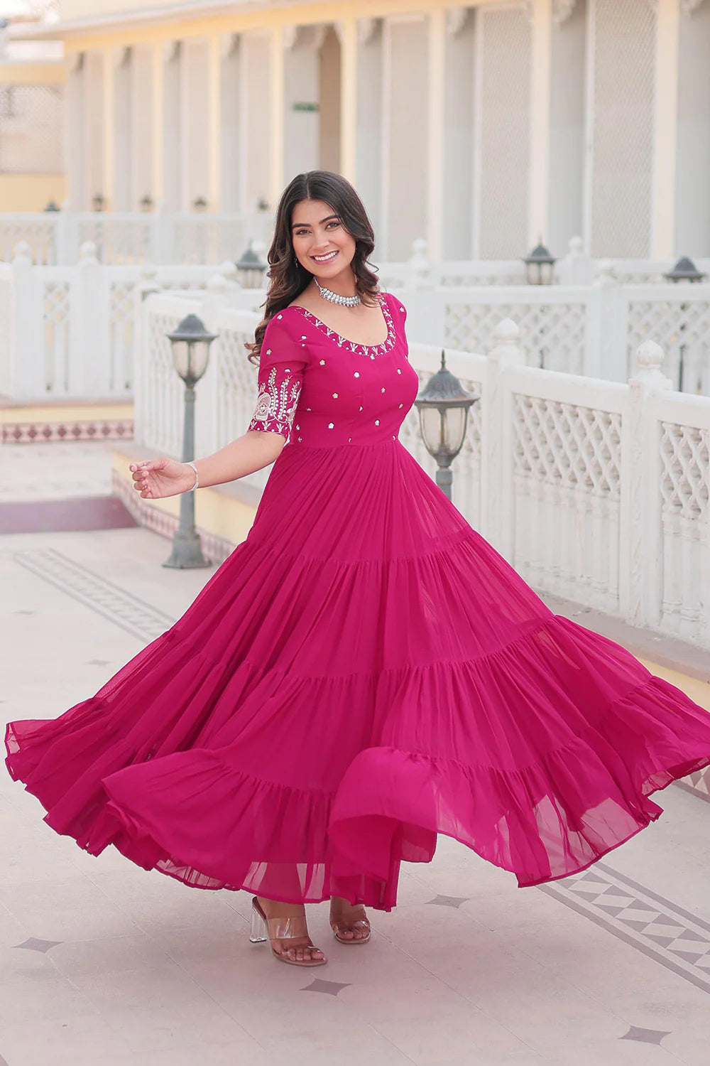Pink Color Premium Faux Blooming Embroidered Work Gown