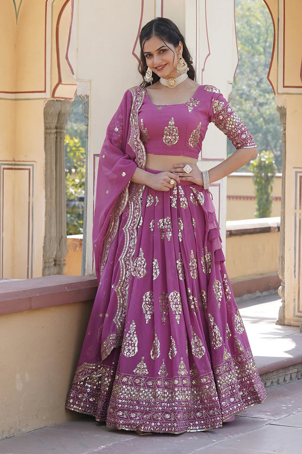 Pink Faux Georgette With Sequins Multi Embroidered Work Lehenga Choli