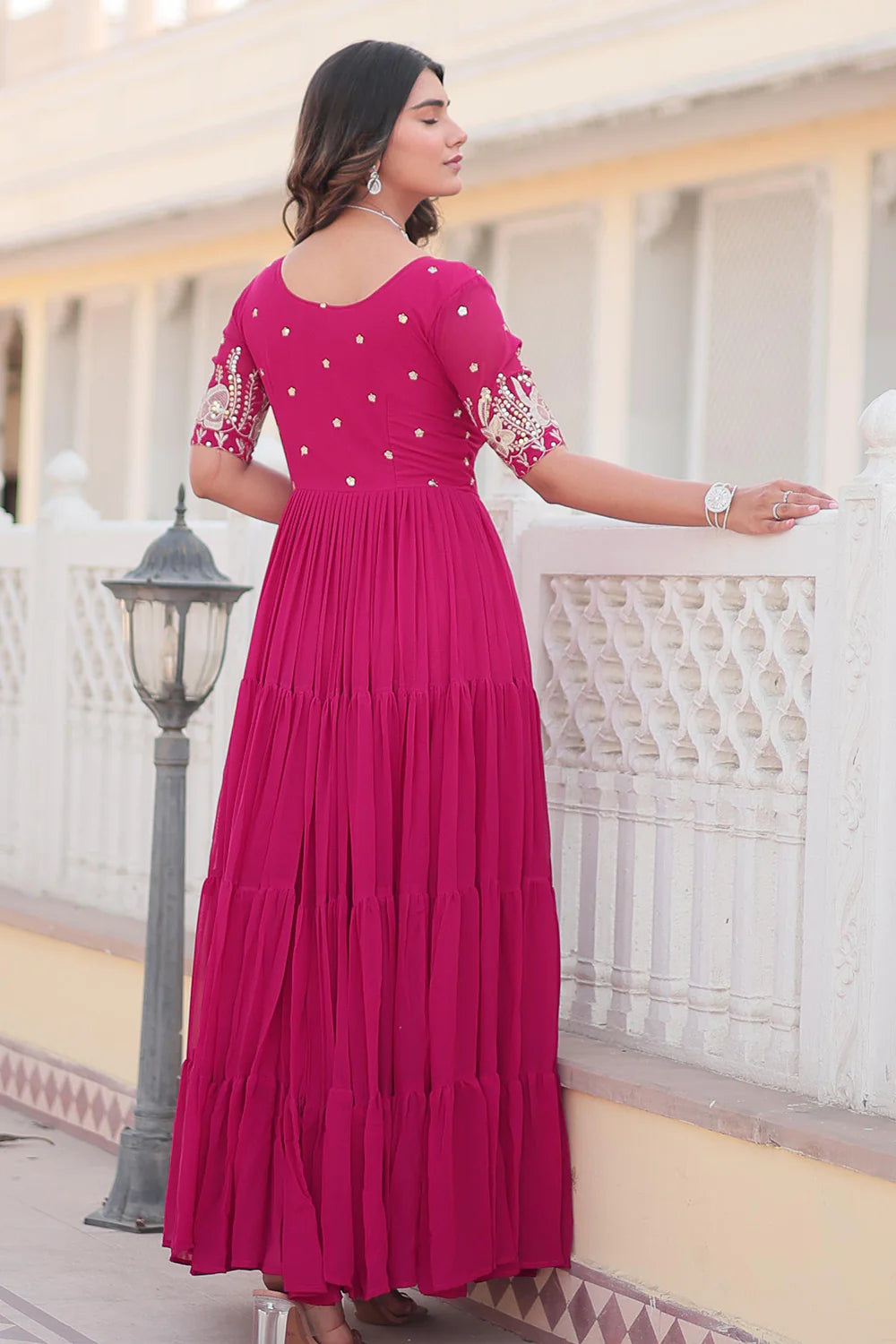 Pink Color Premium Faux Blooming Embroidered Work Gown