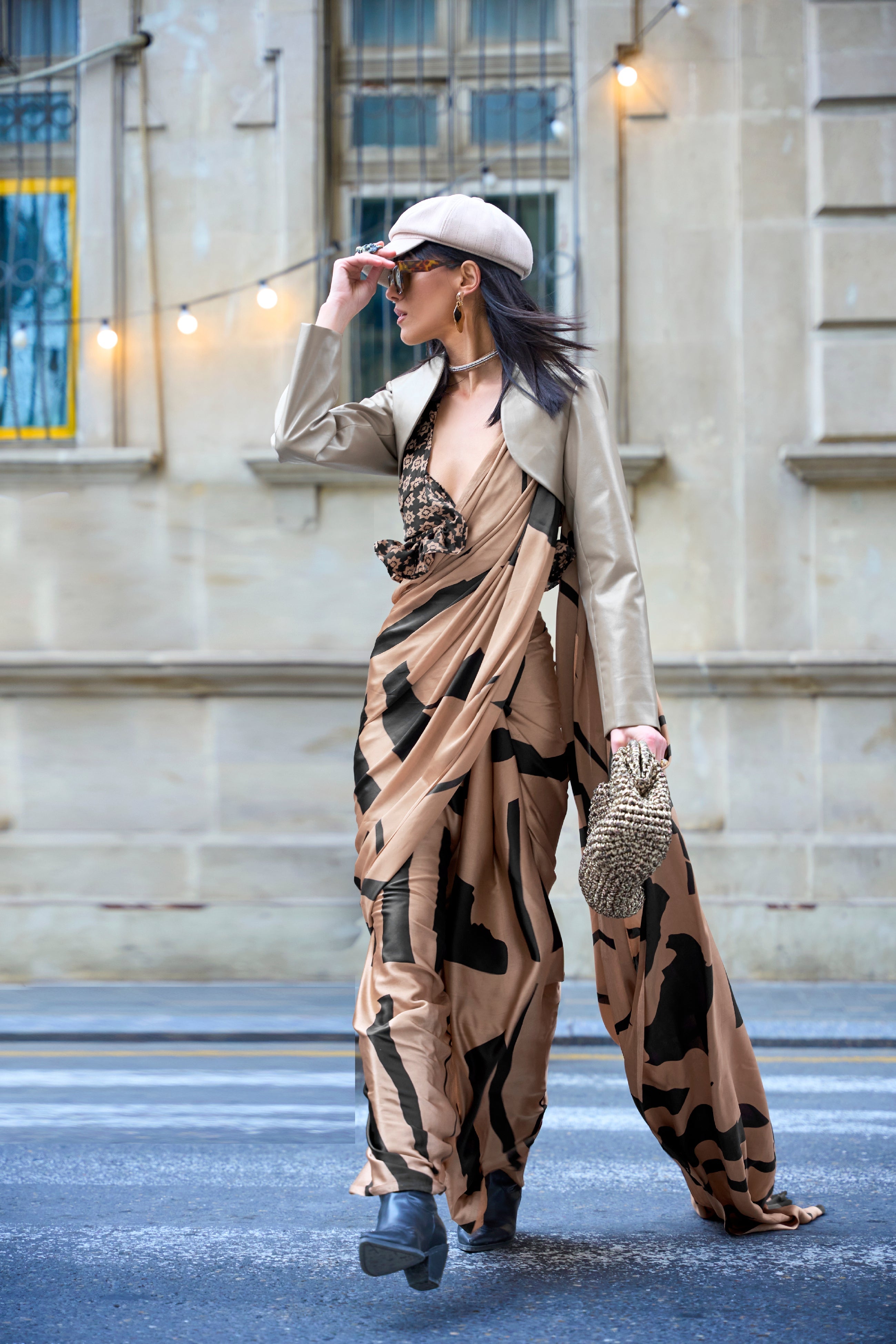 Heathered Brown Printed Satin Silk Saree