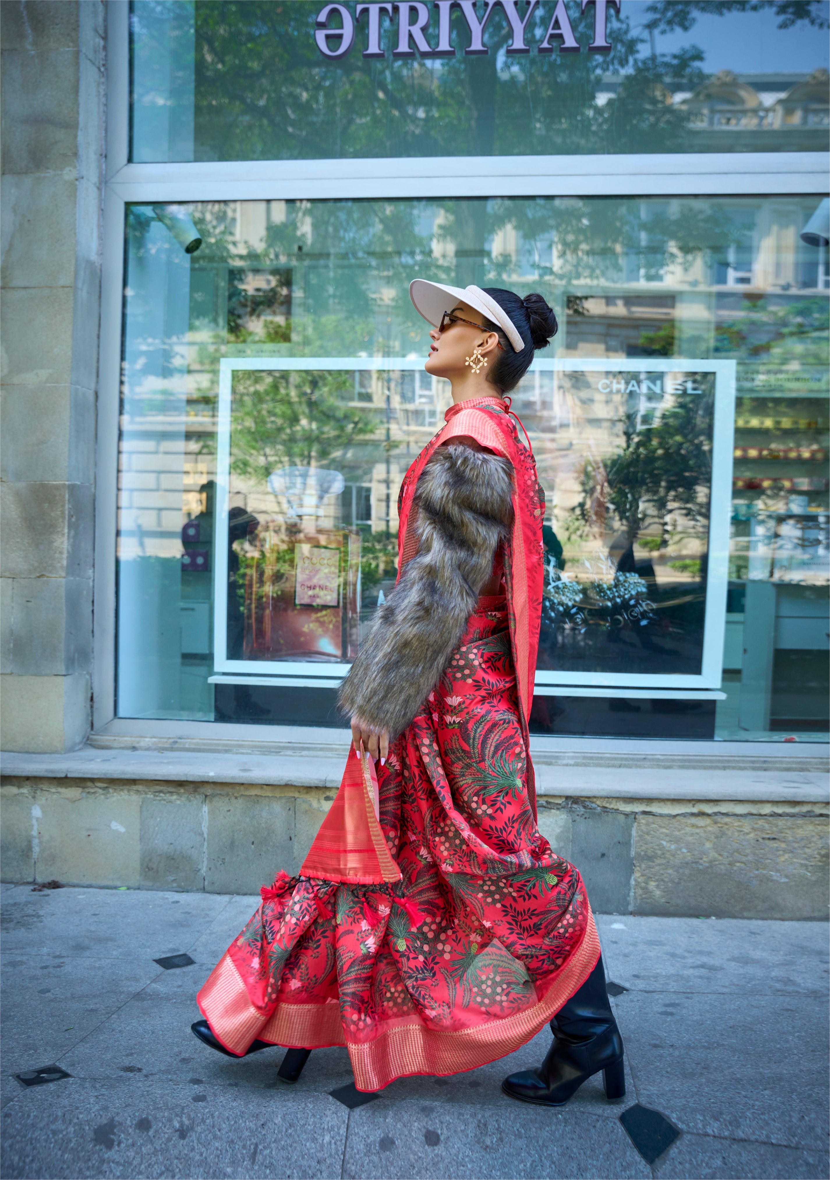 Brick Red Organza Printed Satin Silk Saree