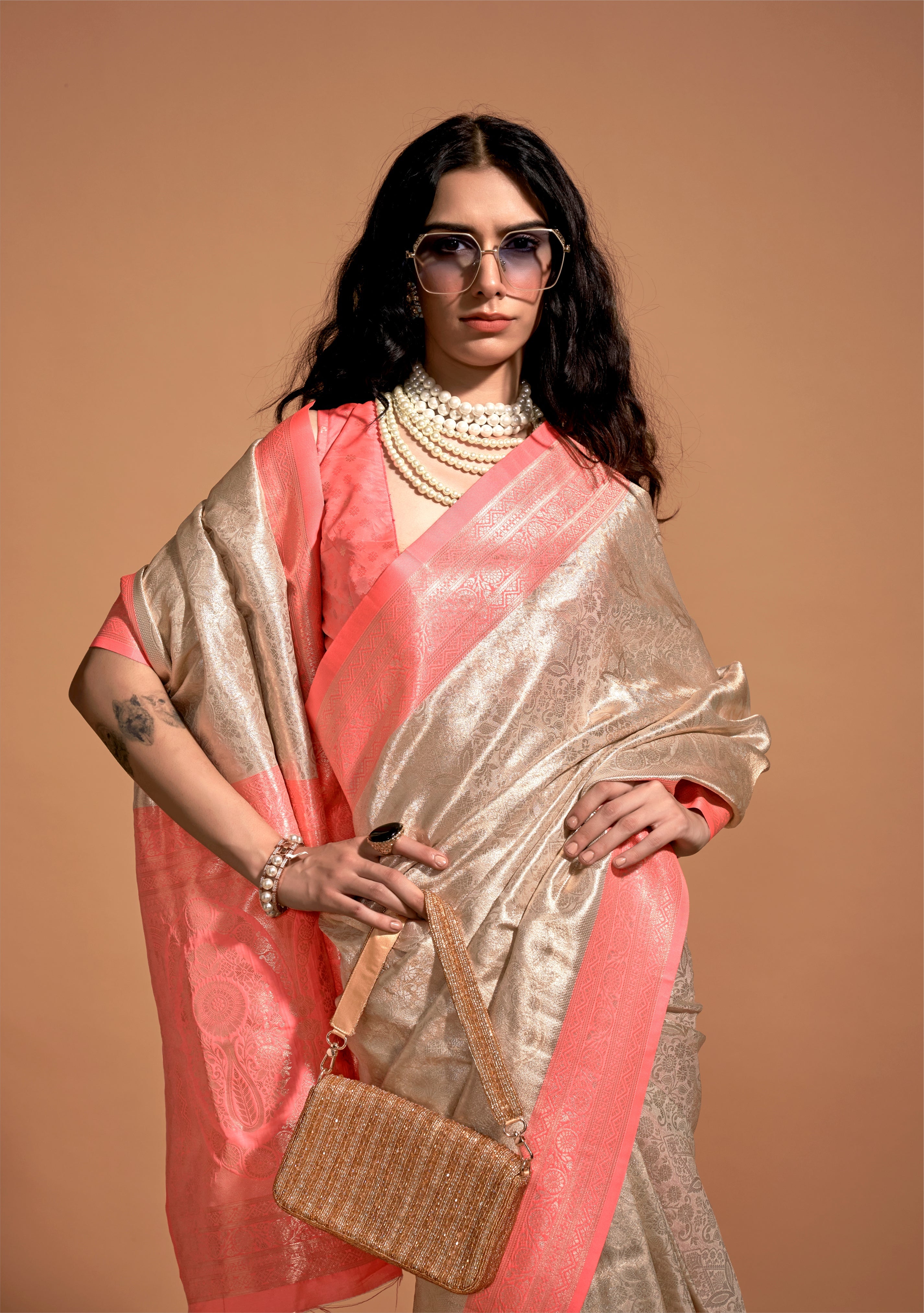 Old Lace Pink and Cream Woven Kanjivaram Silk Saree