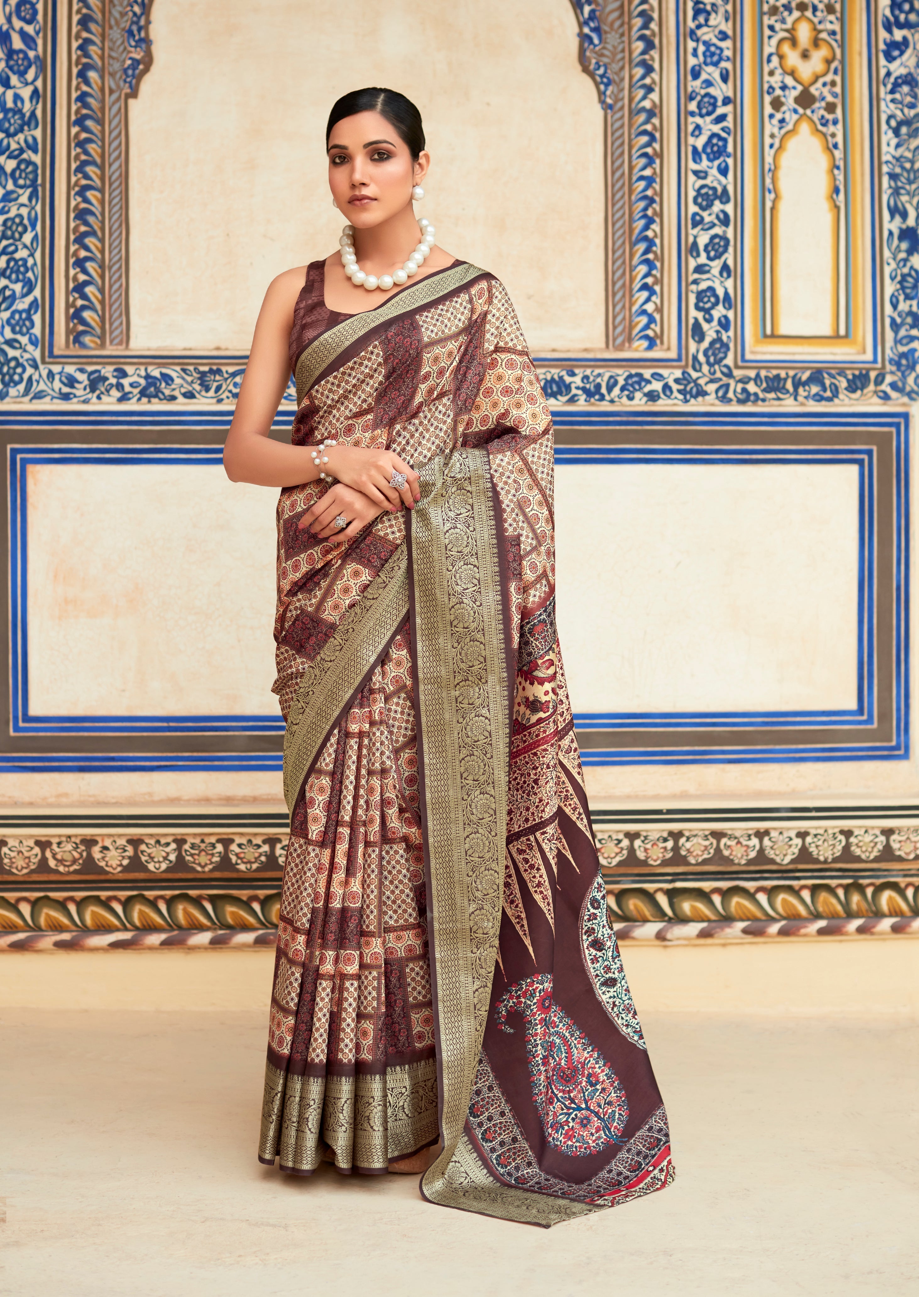 Syrup Brown Banarasi Printed Silk Saree