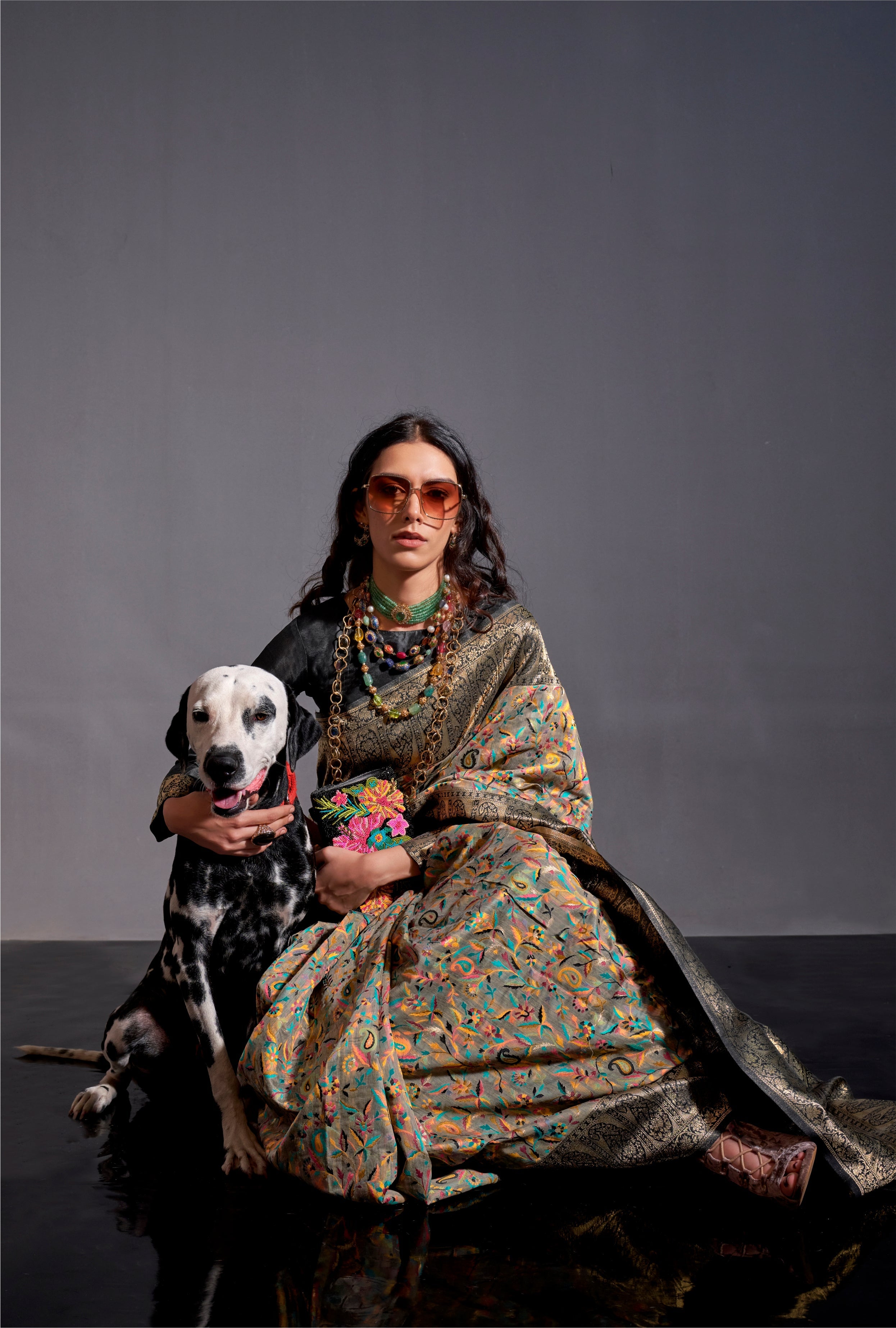 Tobacco Brown and Green Kashmiri Handloom Silk Saree