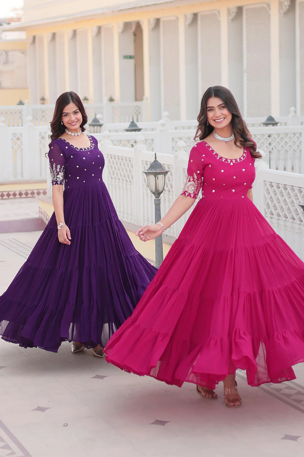 Purple Color Premium Faux Blooming Embroidered Work Gown