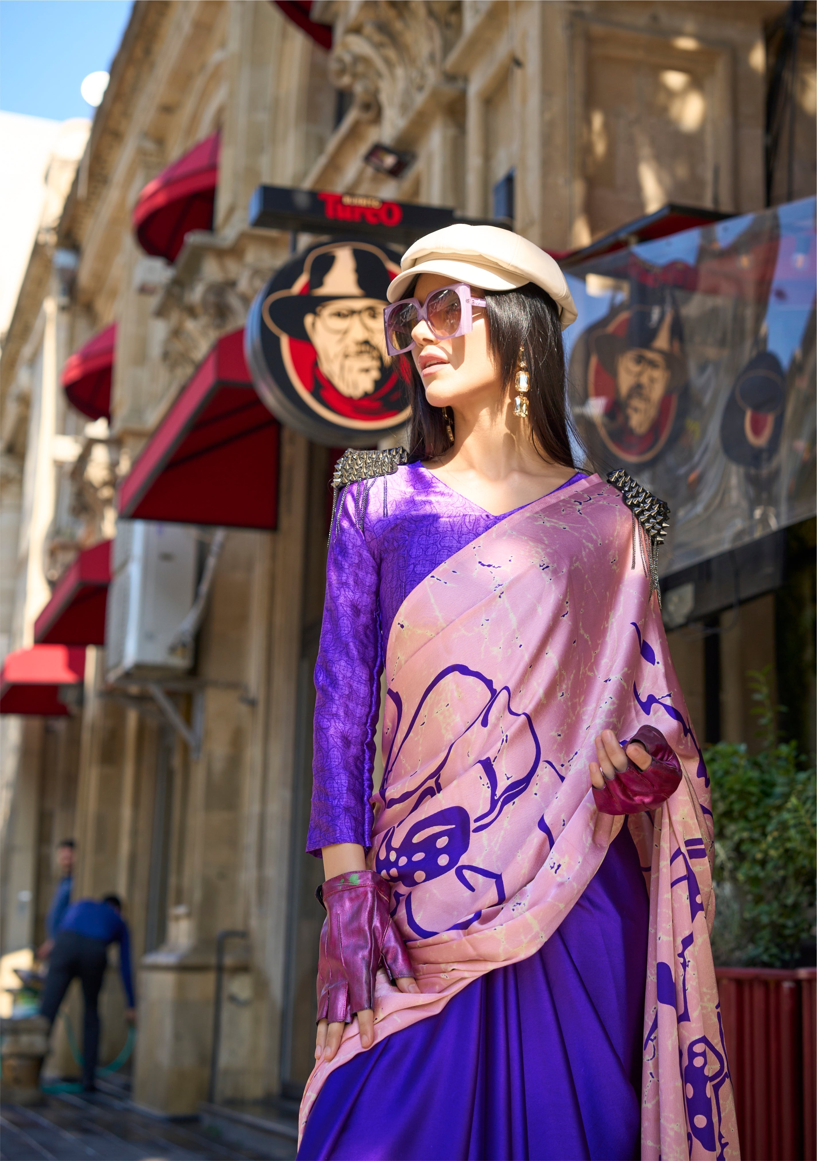 Blue Gem and Pink Printed Satin Crepe Sarees