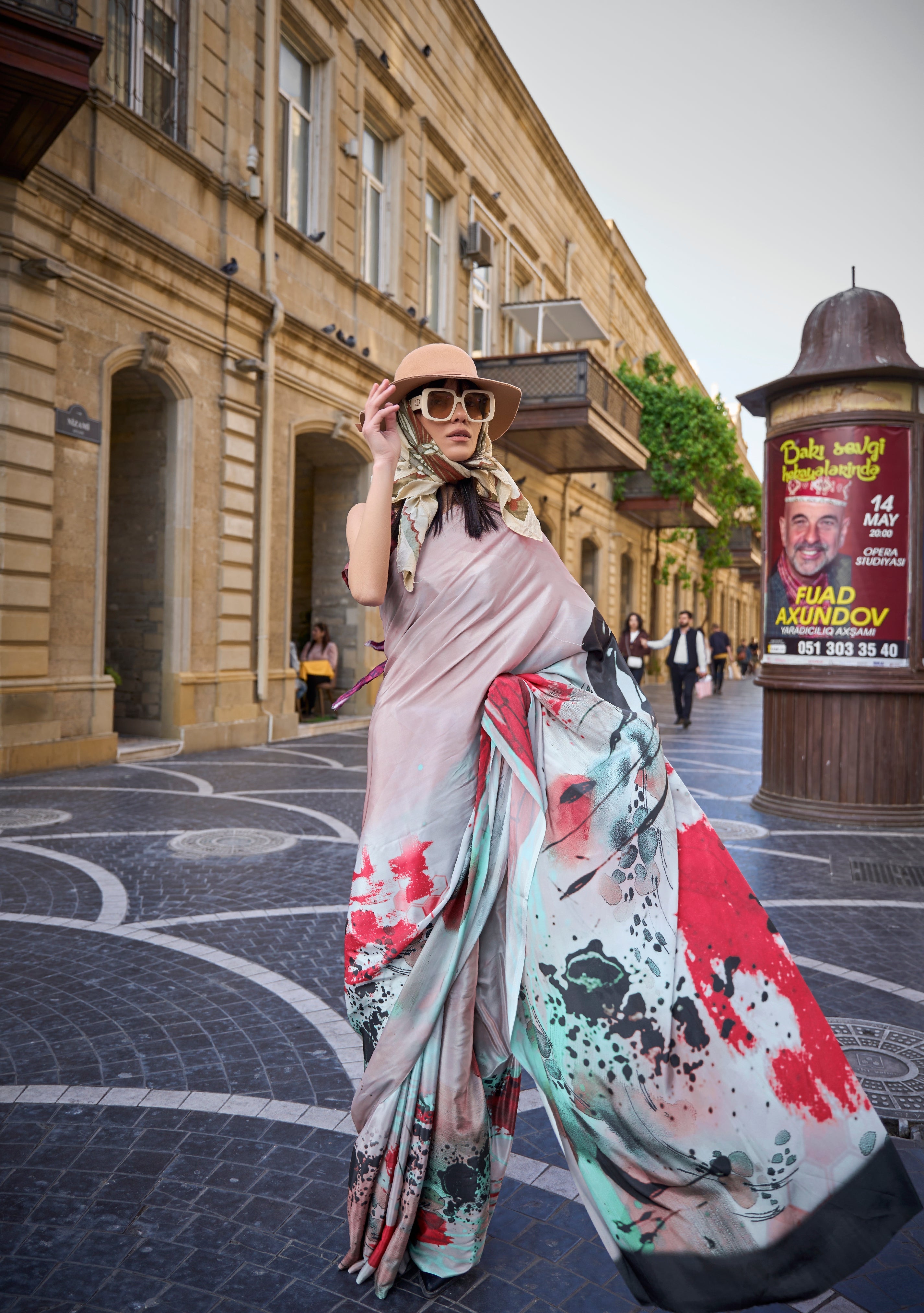 Smokey Grey Printed Handloom Satin Saree