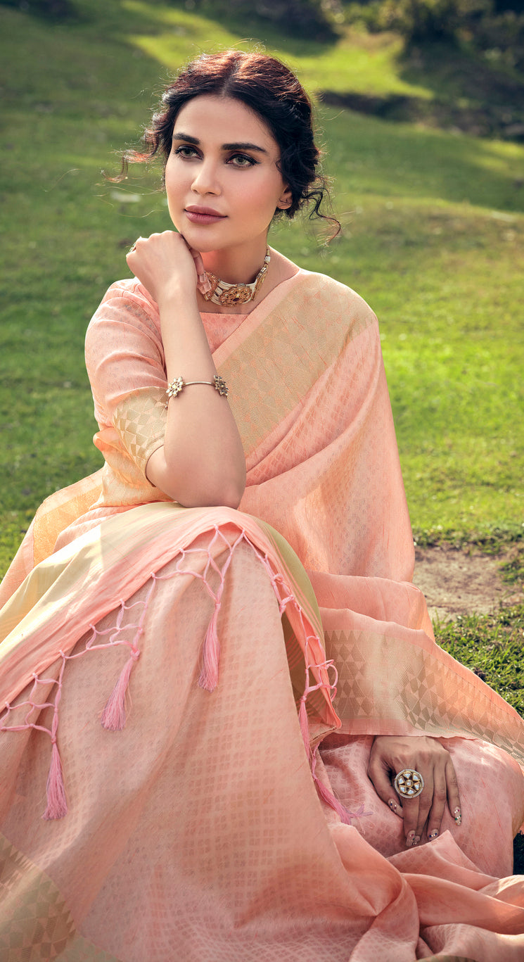 Shiny Peach Linen Tissue Saree