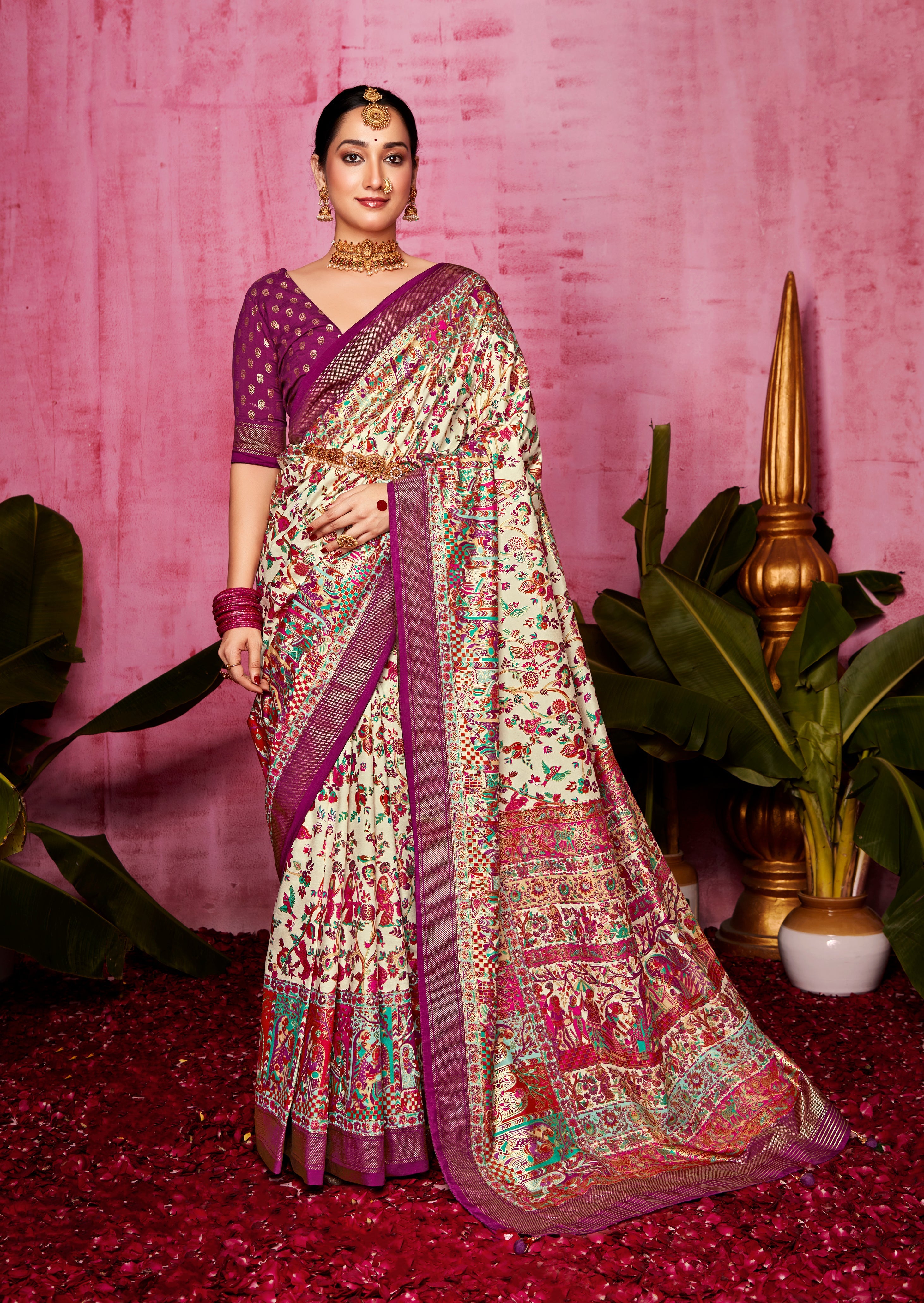 Disco Purple and Cream Patola Soft Silk Saree